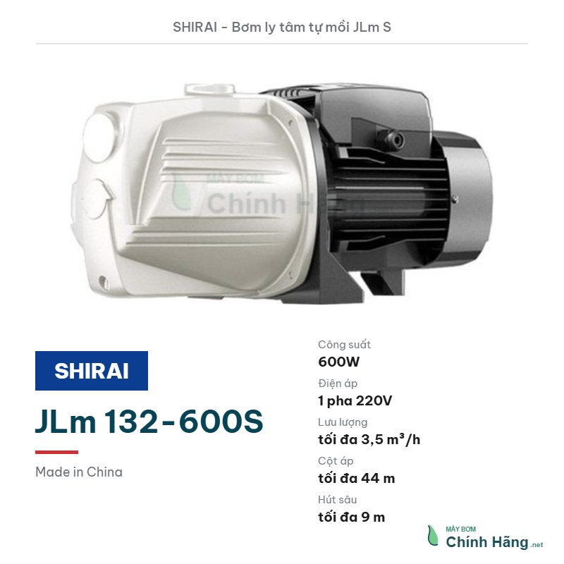 Máy bơm ly tâm tự mồi Shirai JLm 132-600S (600W)