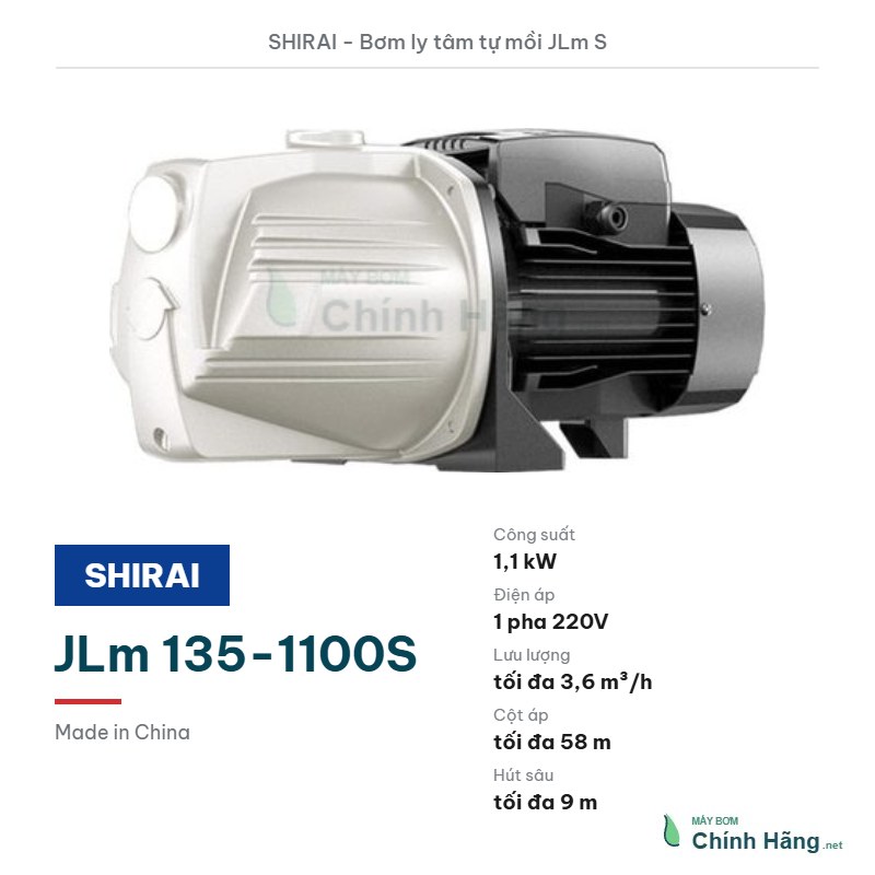 Máy bơm ly tâm tự mồi Shirai JLm 135-1100S (1,1 kW)