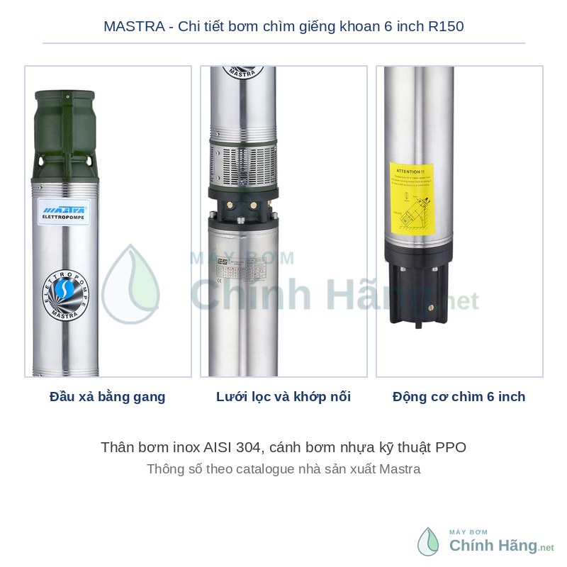 Chi tiết đầu xả, thân và lưới lọc bơm chìm giếng khoan Mastra R150-ES-04