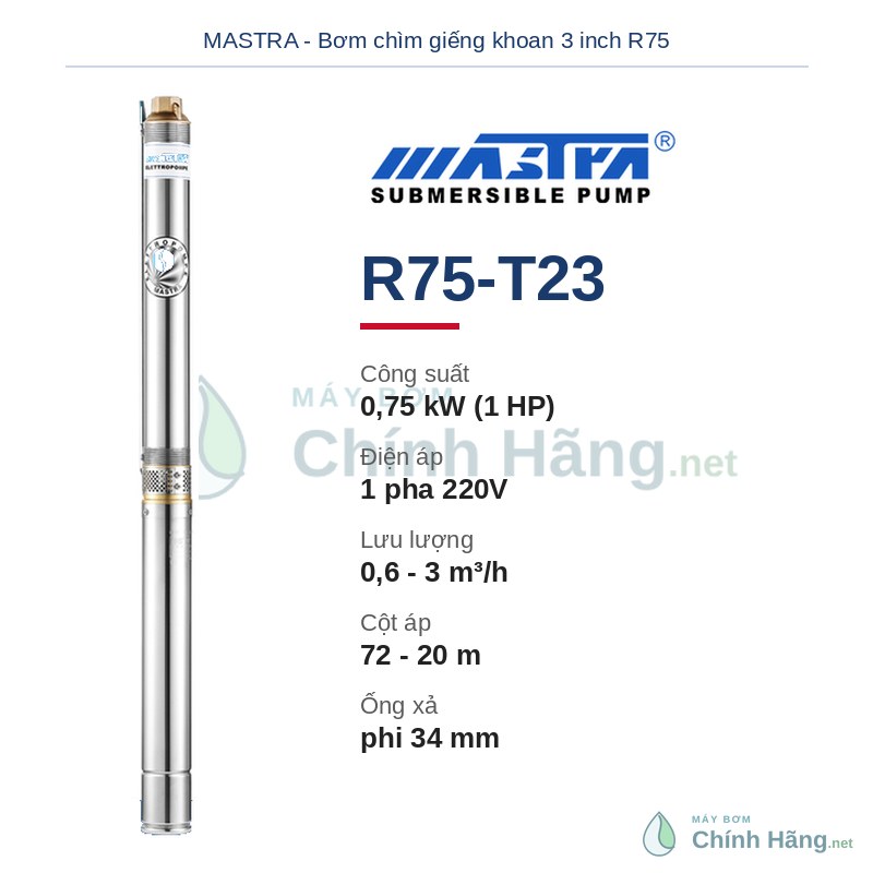 Máy bơm chìm giếng khoan Mastra R75-T23 (1HP - 0,75kW)