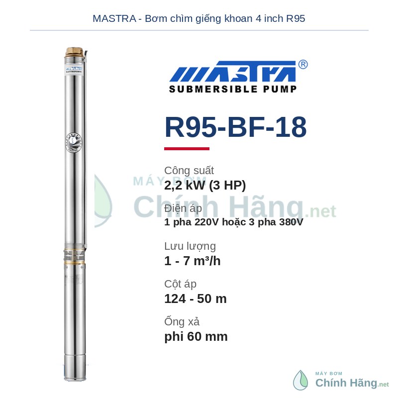 Máy bơm chìm giếng khoan Mastra R95-BF-18 (3HP - 2,2kW)