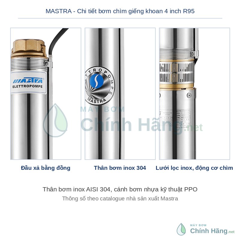Chi tiết đầu xả, thân và lưới lọc bơm chìm giếng khoan Mastra R95-BF-18 Chi tiết đầu xả, thân và lưới lọc bơm chìm giếng khoan Mastra R95-BF-18